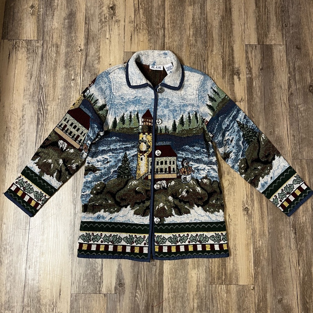 VTG 90s Blair Holiday Lighthouse Snowman Tapestry Jacket Nautical Anchor Medium - Picture 2 of 14